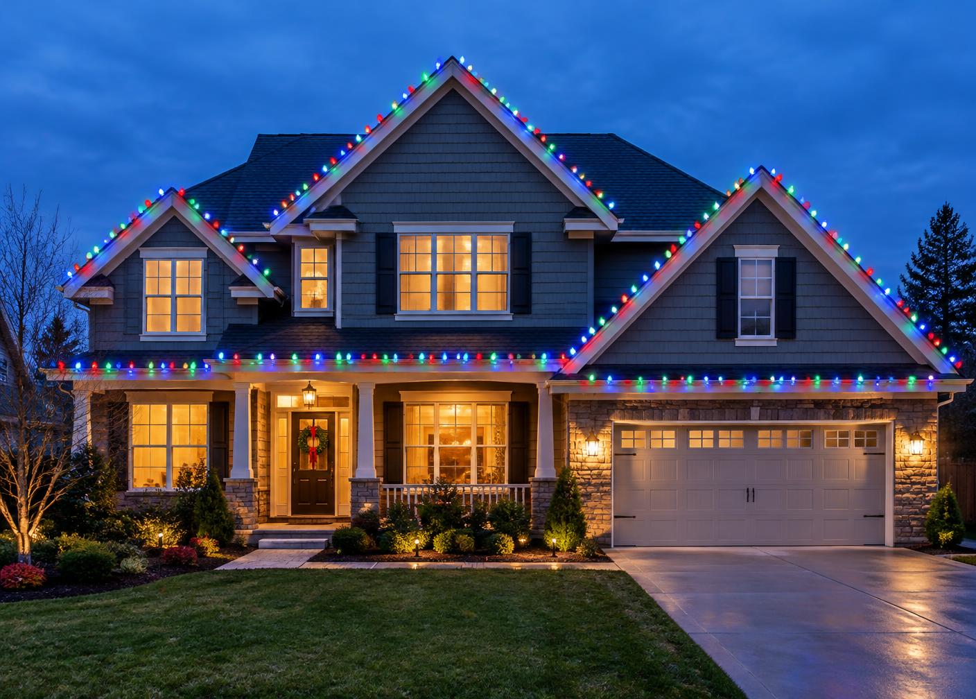 Design inspiration: multicolor Christmas lighting along a home's roofline