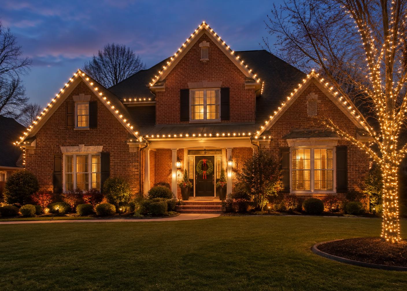 Design inspiration: warm white roofline lighting and a wrapped tree